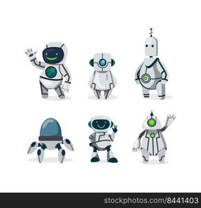 Cute robots flat icon set. Cartoon futuristic cyborg characters isolated vector illustration collection. Future and communication concept