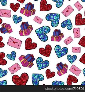 Cute romantic pattern with gifts, hearts and envelopes. Valentines day vector design.