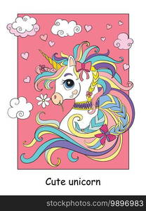 Cute romantic unicorn portrait with hearts in the cloudy sky. Vector cartoon colorful illustration isolated on white background. For print, design, cards, puzzle, coloring book, preschool education and game.