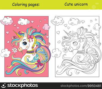 Cute romantic unicorn portrait with hearts in the cloudy sky. Coloring book page wih colored template. Vector cartoon illustration isolated on white. For coloring book, preschool education, print,game. Cute unicorn portrait with hearts coloring book