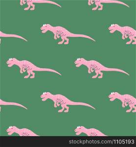 Cute rose dinosaur girl seamless pattern on green. Adorable wild animal repeat ornaments. Colored vector illustration in flat cartoon style.. Cute rose dinosaur girl seamless pattern on green.