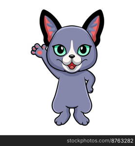 Cute russian blue cat cartoon waving hand