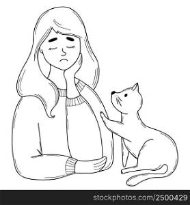 Cute sad lonely girl with cat. Vector illustration. Linear hand drawing in doodle. outline Character for concept of emotion, sad holiday and loneliness