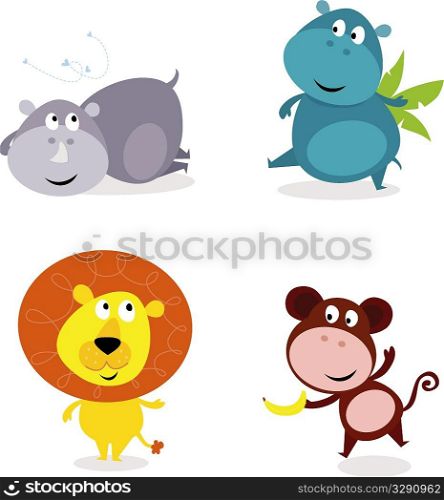 Cute safari animals set - hippo, rhino, lion and monkey