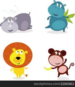 Cute safari animals set - hippo, rhino, lion and monkey