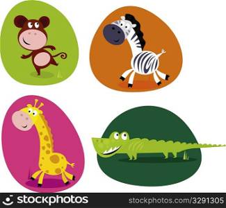 Cute safari animals set - monkey, zebra, giraffe and crocodile