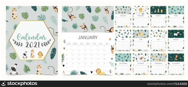 Cute safari calendar 2021 with lion, giraffe, zebra, fox, monkey for children, kid, baby