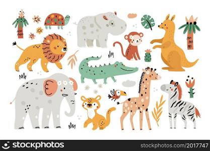 Cute safari elements. Funny exotic animals, plants and leaves, kids jungle characters, trees and palms, childish africaine savannah fauna, elephant and kangaroo, vector cartoon isolated set. Cute safari elements. Funny exotic animals, plants and leaves, kids jungle characters, trees and palms, childish africaine savannah fauna set