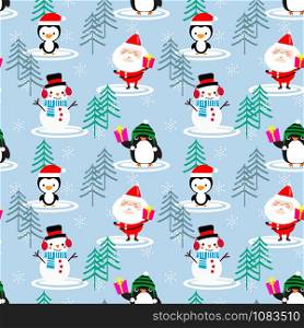 Cute Santa claus and penguin seamless pattern.
