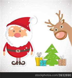 Cute Santa Claus and Reindeer on christmas background with lights and snowflakes. Christmas card, poster, web design