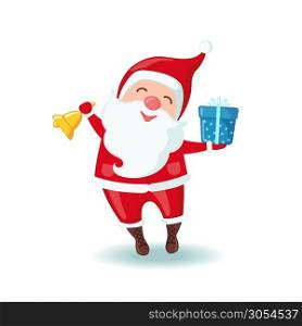 Cute Santa Claus holding a bell and gift in flat style isolated on white background. Vector illustration. Cute Santa Claus holding a bell and gift.