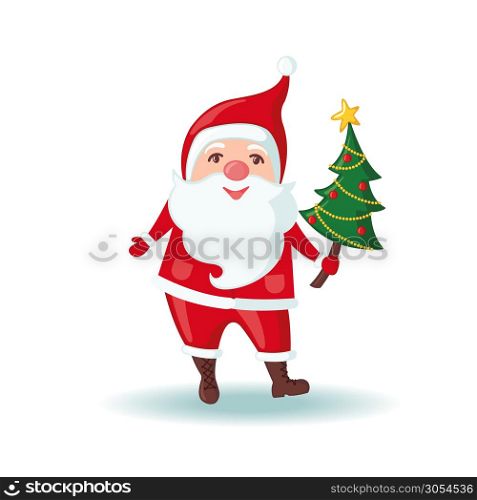 Cute Santa Claus holding a Christmas tree in flat style isolated on white background. Vector illustration. Cute Santa Claus holding a Christmas tree.