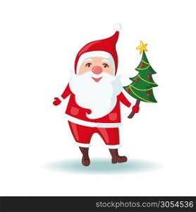 Cute Santa Claus holding a Christmas tree in flat style isolated on white background. Vector illustration. Cute Santa Claus holding a Christmas tree.