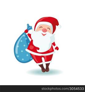 Cute Santa Claus holding a sack of gifts in flat style isolated on white background. Vector illustration. Cute Santa Claus holding a sack of gifts.