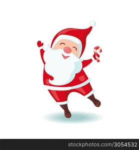 Cute Santa Claus holding Christmas candy in flat style isolated on white background. Vector illustration. Cute Santa Claus holding Christmas candy.