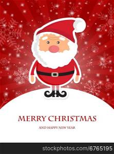 Cute Santa Claus on red ray christmas background with lights and snowflakes. Christmas card, poster, web design