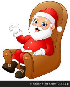 Cute Santa Claus sitting and waving hands on brown sofa