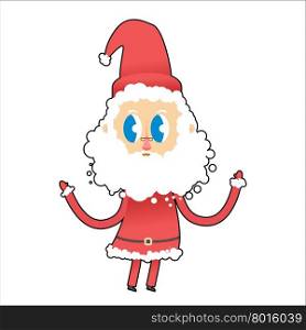 Cute Santa Claus with big eyes. Young Santa raised his hands up. Funny Christmas man.