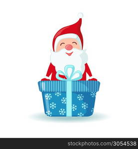 Cute Santa Claus with big gift in flat style isolated on white background. Vector illustration. Cute Santa Claus with big gift.