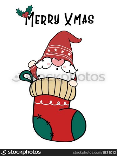 cute Santa Gnome in Christmas sock, Merry xmas. Cartoon doodle hand drawn flat vector