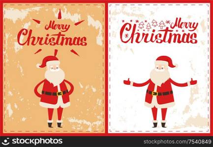 Cute Santa greetings on postcards with Merry Christmas lettering signs. Saint Nicholas wishes good new Year holidays gesturing by hands, vector cartoon character. Cute Santa Greetings on Postcards, Merry Christmas