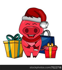 Cute Santa Pig with Gift Boxes, Merry Christmas and Happy New Year 2019 - Illustration Vector. Cute Santa Pig with Gift Boxes, Merry Christmas and Happy New Year 2019