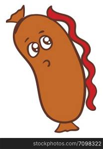 Cute sausage with ketchup on back, illustration, vector on white background.