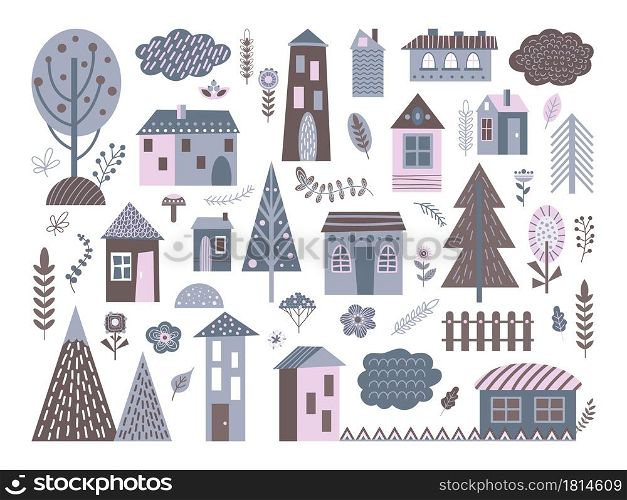 Cute scandinavian buildings. Abstract architecture, city landscape elements. Isolated nordic village house, rural home vector set. Building city, house and village, architecture home illustration. Cute scandinavian buildings. Abstract architecture, city landscape elements. Isolated nordic village houses, rural home decent vector set