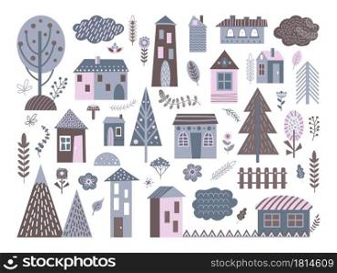 Cute scandinavian buildings. Abstract architecture, city landscape elements. Isolated nordic village house, rural home vector set. Building city, house and village, architecture home illustration. Cute scandinavian buildings. Abstract architecture, city landscape elements. Isolated nordic village houses, rural home decent vector set