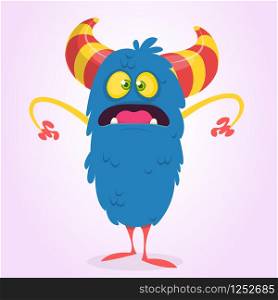 Cute scared or surprised cartoon bigfoot monster. Vector illustration of funny blue monster character for Halloween