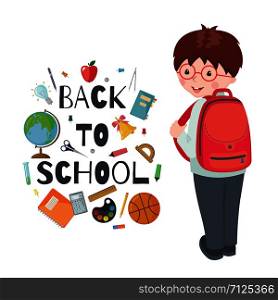 Cute School boy character with backpack and school supplies isolated on white background. Happy pupil. Education concept. Vector illustration.. Vector School boy character isolated on white.