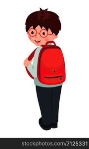 Cute School boy character with backpack isolated on white background. Happy pupil in school uniform. Education concept. Vector illustration.. Vector School boy character isolated on white.