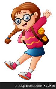 Cute school girl cartoon in glasses jumping