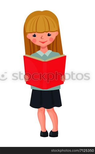 Cute School girl character reading book isolated on white background. Happy pupil in school uniform. Education concept. Vector illustration.. Vector cute School girl character reading book.