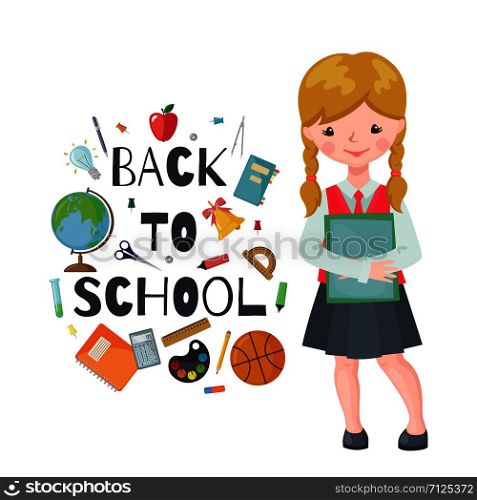 Cute School girl character with books and school supplies isolated on white background. Happy pupil. Education concept. Vector illustration.. Vector School girl character isolated on white.