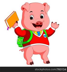 Cute school pig walking with a backpack