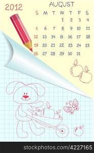 Cute schoolbook style monthly calendar for august 2012