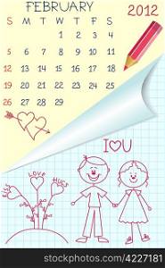 Cute schoolbook style monthly calendar for february 2012