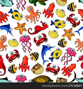 Cute sea and ocean cartoon animals and fishes. Seamless pattern background with underwater funny characters. Kids vector wallpaper decoration. Underwater cartoon seamless pattern background