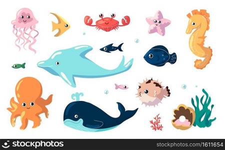 Cute sea animals. Cartoon funny fish swim underwater. Collection of ocean inhabitants. Isolated jellyfish and seahorse, dolphin or whale and octopus. Undersea creatures, vector marine fauna set. Cute sea animals. Cartoon fish swim underwater. Collection of ocean inhabitants. Isolated jellyfish and seahorse, dolphin or whale and octopus. Undersea creatures, vector marine set