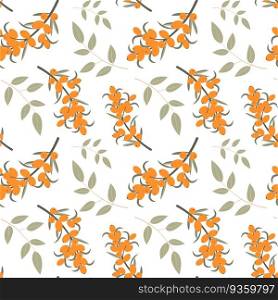 Cute sea buckthorn seamless pattern. Bright sea buckthorn berries, twigs and leaves isolated on white background. Vector shabby hand drawn illustration. Cute sea buckthorn seamless pattern. Bright sea buckthorn berries, twigs and leaves isolated on white background