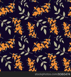 Cute sea buckthorn seamless pattern. Bright sea buckthorn berries, twigs and leaves isolated on dark background. Vector shabby hand drawn illustration. Cute sea buckthorn seamless pattern. Bright sea buckthorn berries, twigs and leaves isolated on dark background