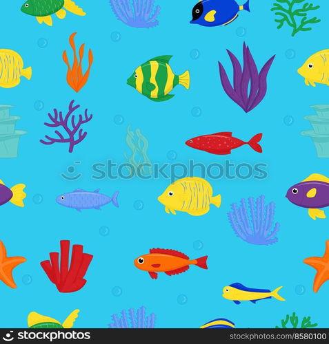 Cute sea fish seamless pattern. Vector cartoon character in ocean. Tropical fish.. Cute sea fish seamless pattern. Vector cartoon character in ocean. Tropical fish