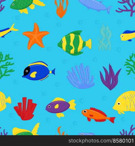 Cute sea fish seamless pattern. Vector cartoon character in ocean. Tropical fish.. Cute sea fish seamless pattern. Vector cartoon character in ocean. Tropical fish