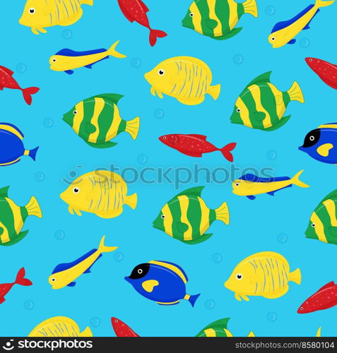 Cute sea fish seamless pattern. Vector cartoon character in ocean. Tropical fish.. Cute sea fish seamless pattern. Vector cartoon character in ocean. Tropical fish