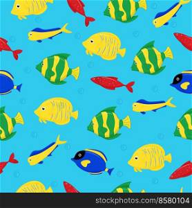 Cute sea fish seamless pattern. Vector cartoon character in ocean. Tropical fish.. Cute sea fish seamless pattern. Vector cartoon character in ocean. Tropical fish