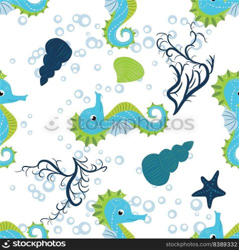 Cute seahorses cartoon seamless pattern. Hand drawn ocean animals. Nautical beach, Sea life fun underwater aquarium print.. Cute seahorses cartoon seamless pattern. Hand drawn ocean animals. Nautical beach, Sea life fun underwater