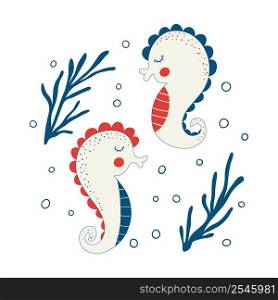 Cute seahorses isolated on white background. Simple underwater sea horses. Childish colored flat cartoon vector illustration of funny submarine creature.. Cute seahorses isolated on white background. Simple underwater sea horses. Childish colored flat cartoon vector illustration of funny submarine creature