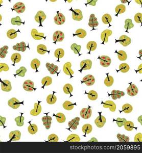Cute seamless background with apple, pear, carrot, cherry and banana tree Vector illustration