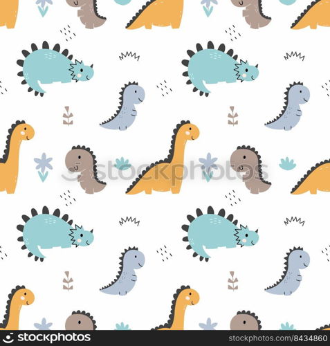 Cute seamless dino pattern. Endless wallpaper in nursery. Printing on fabric and wrapping paper. Illustration for baby.